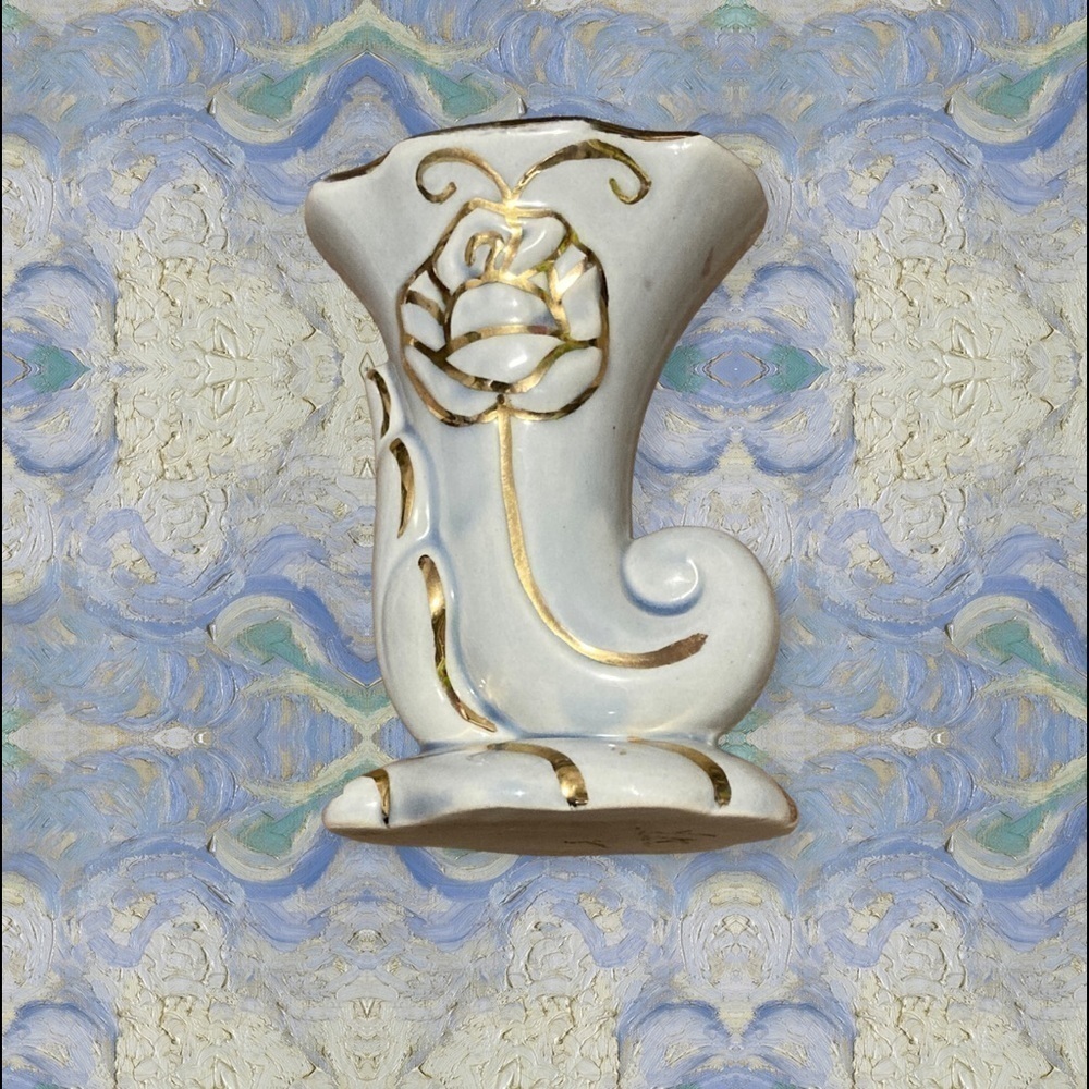 Vintage Cornucopia Vase 22 Kt Gold Trim, Ivory Bisque, Art Nouveau Vanity Decor